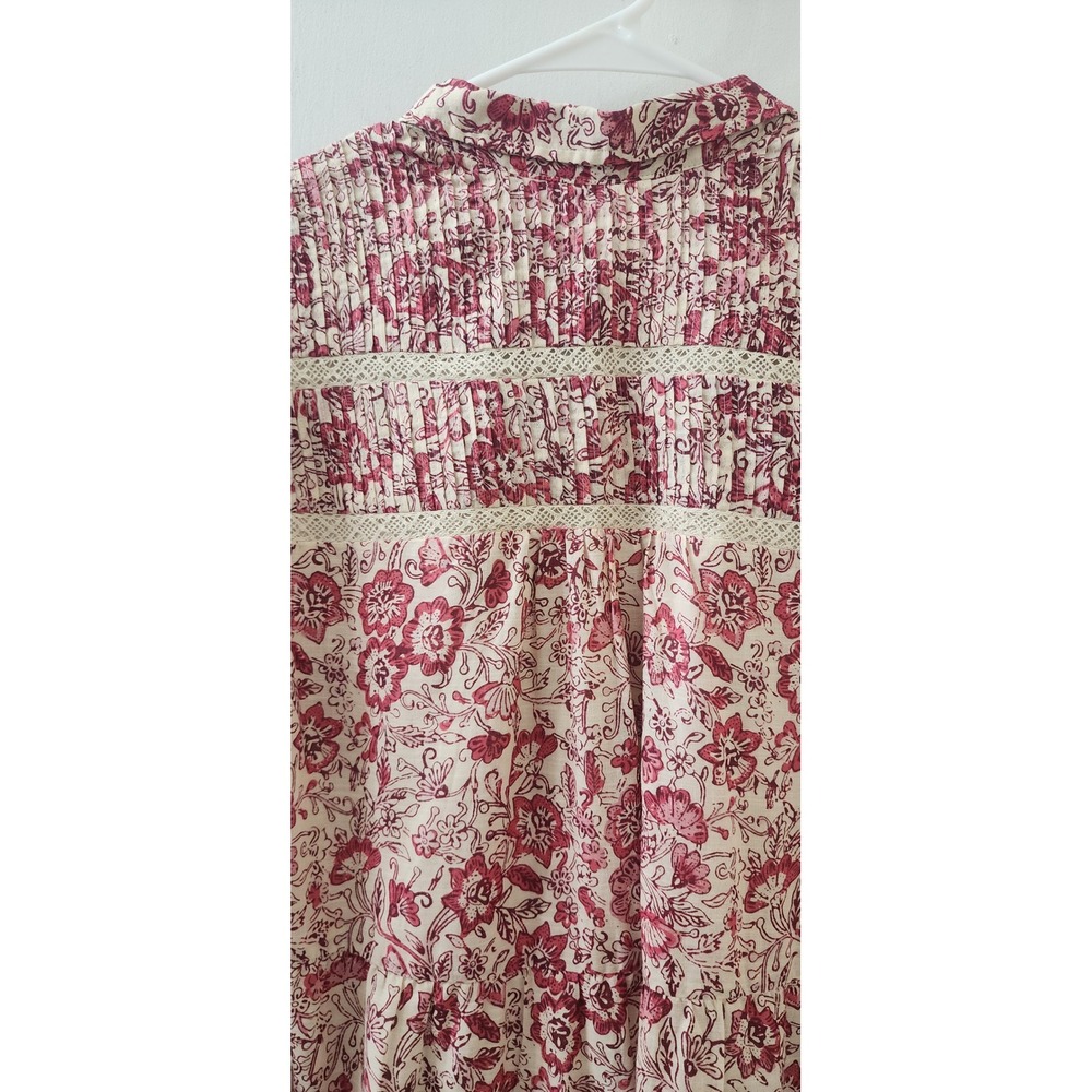 Anthropologie Red Floral Tiered Cotton Mini Dress Lace Trim Boho Womens Medium - Picture 11 of 11